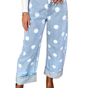 Women's Polka Dot Wide Leg Jeans, High Waisted Casual Denim - Main View