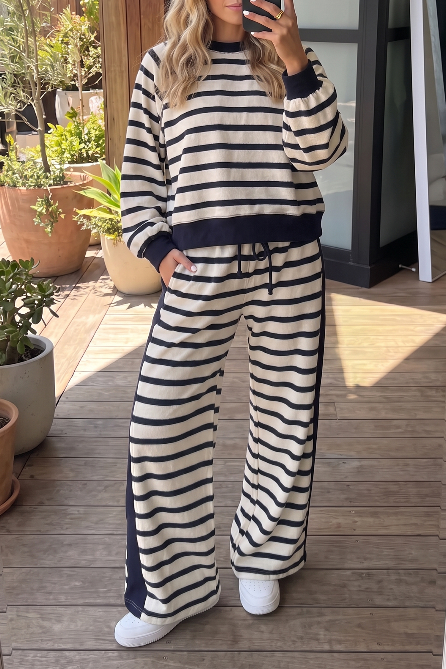 Beige Stripe Two Piece Set, Relaxed Fall Outfits for Women - Detail View 2