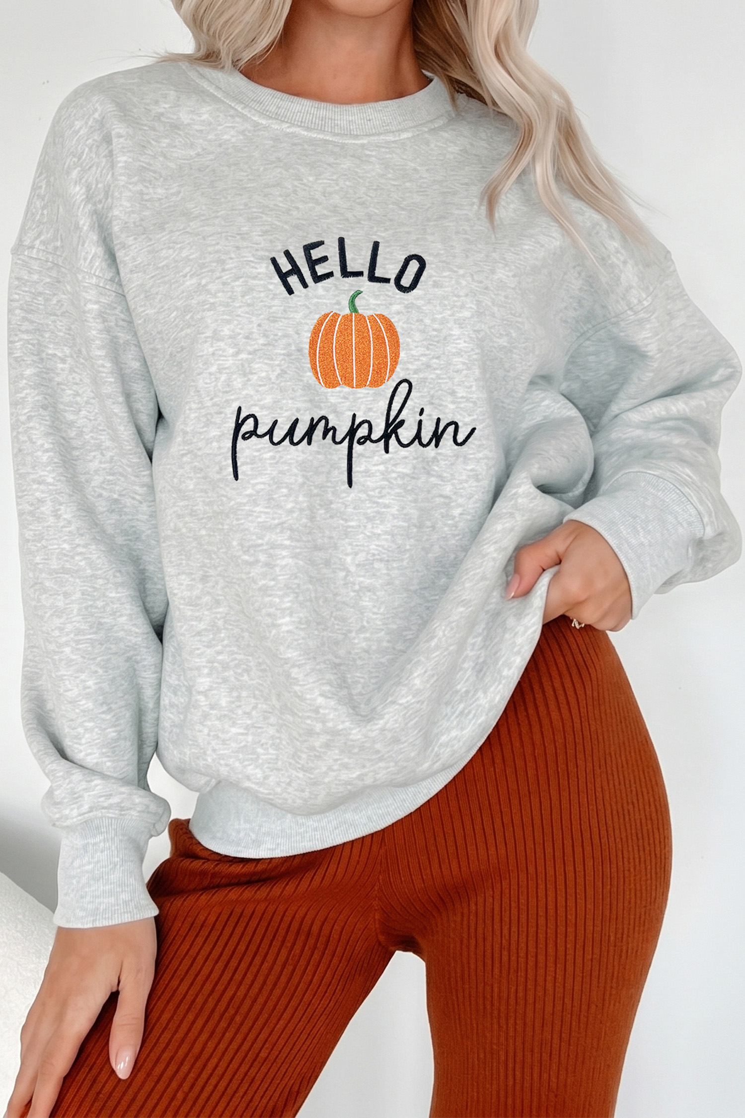 Gray Fall Graphic Sweatshirt, Embroidered Hello Pumpkin Top - Detail View 2