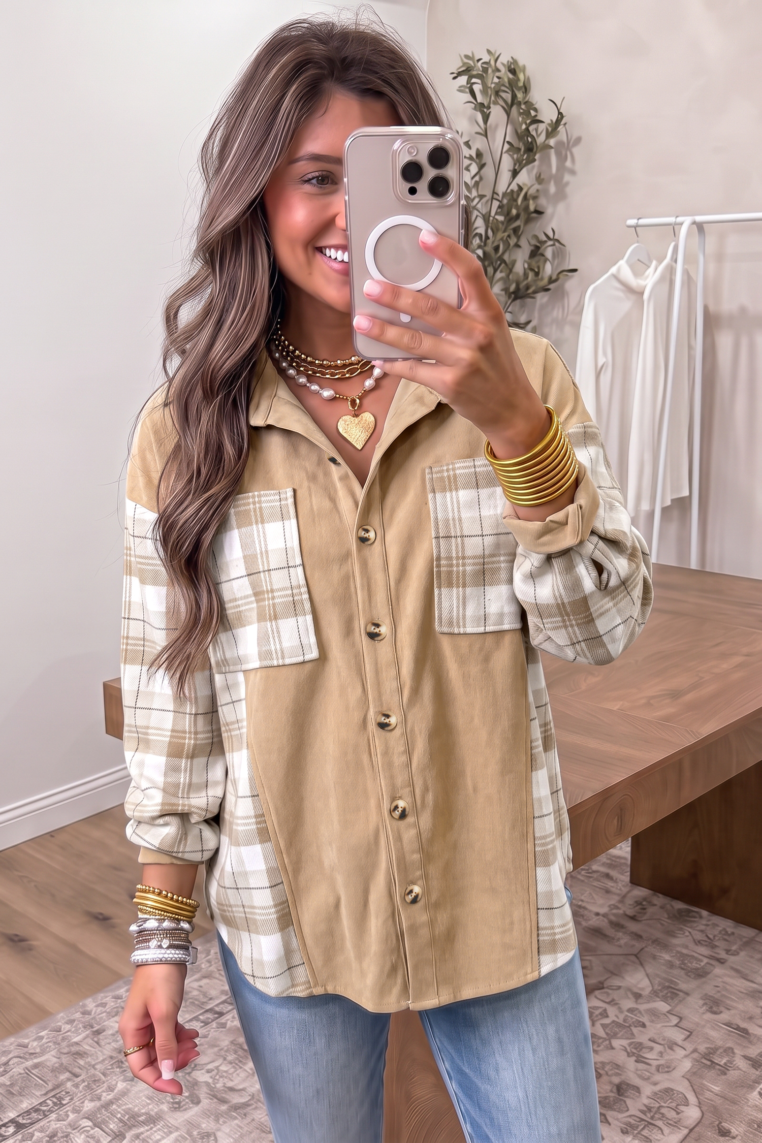 Women's Fall Corduroy Shacket, Beige Plaid Layering Shirt - Detail View 3