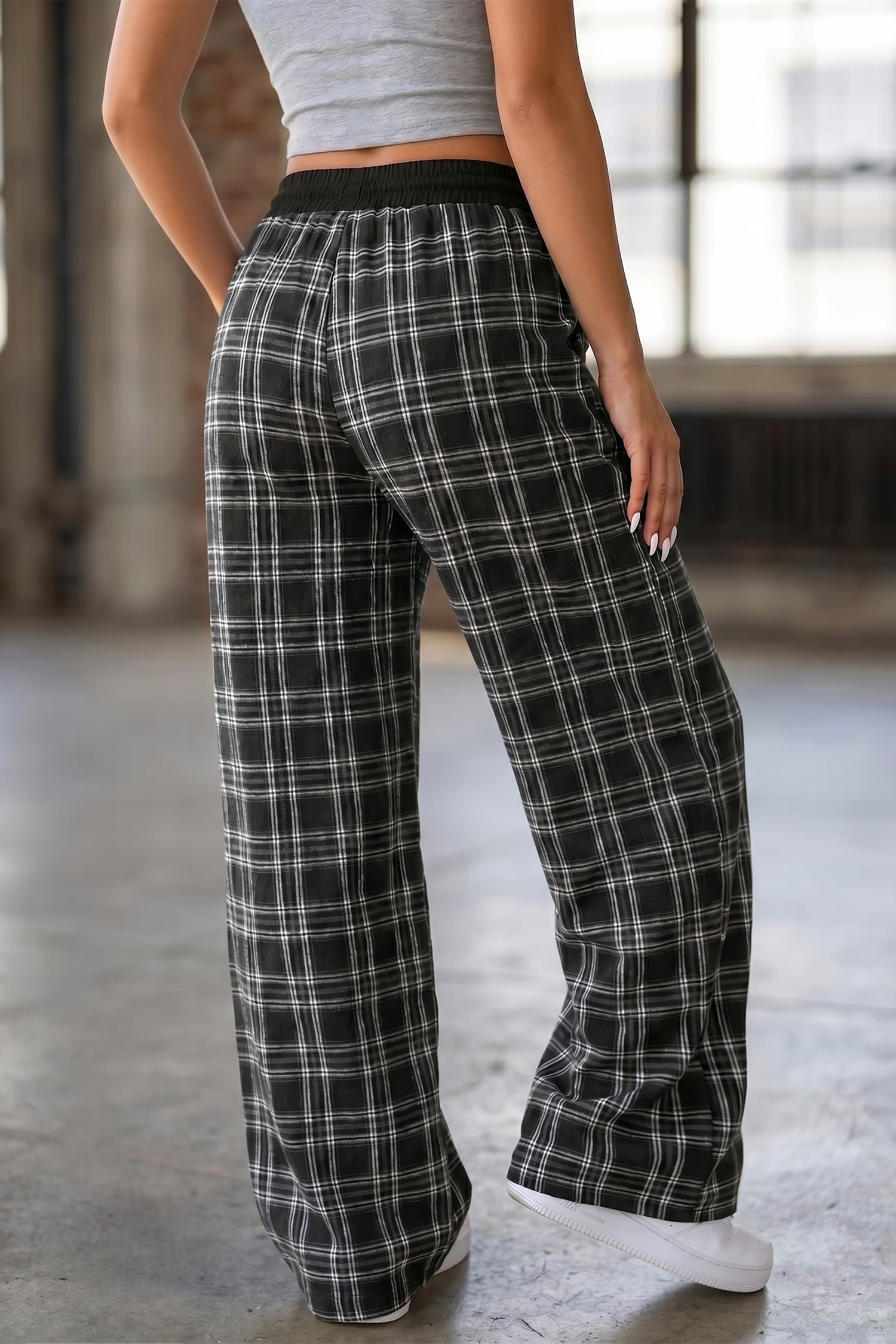 Plaid Contrast Women's Wide Leg Pants, Trendy Lounge Trousers - Detail View 2