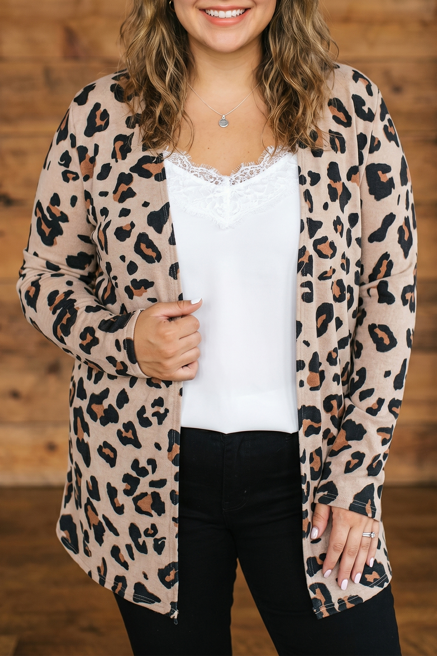 Plus Size Leopard Cardigan, Khaki V Neck Layering Piece - Detail View 2