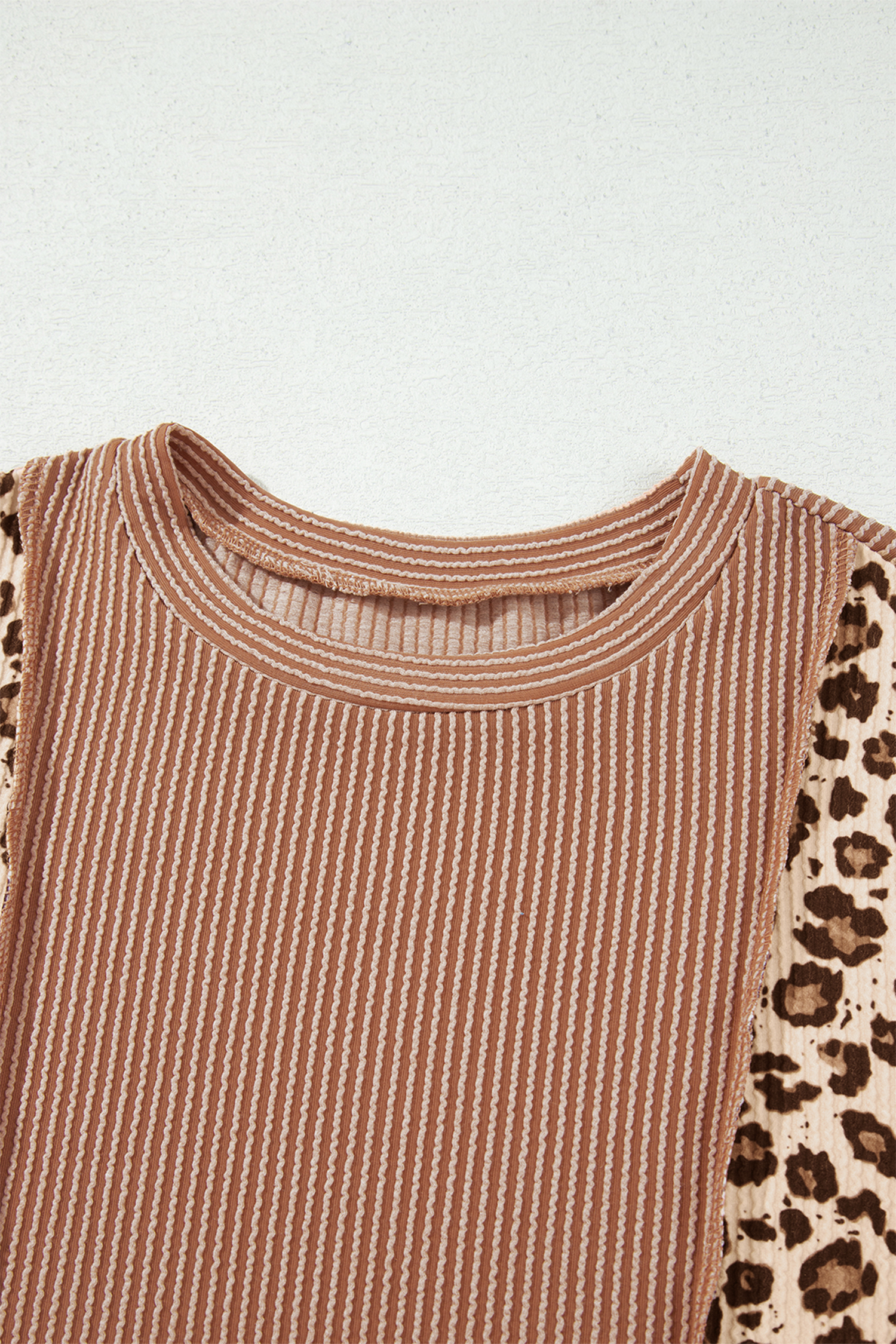 Women's Leopard Colorblock Top, Casual Ribbed Knit Long Sleeve - Detail View 7