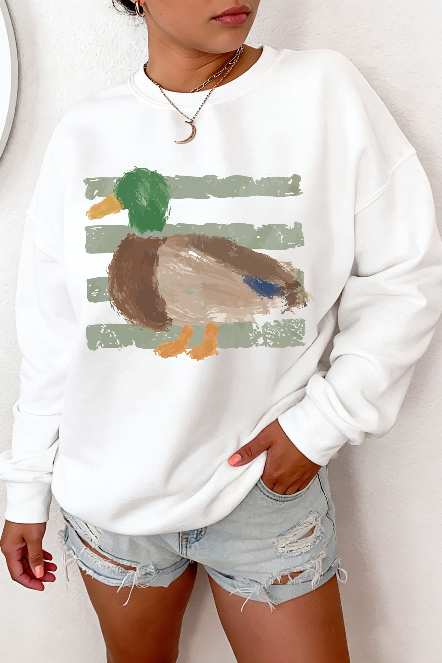 Western Duck Print Pullover, Casual Long Sleeve Crewneck - Detail View 2