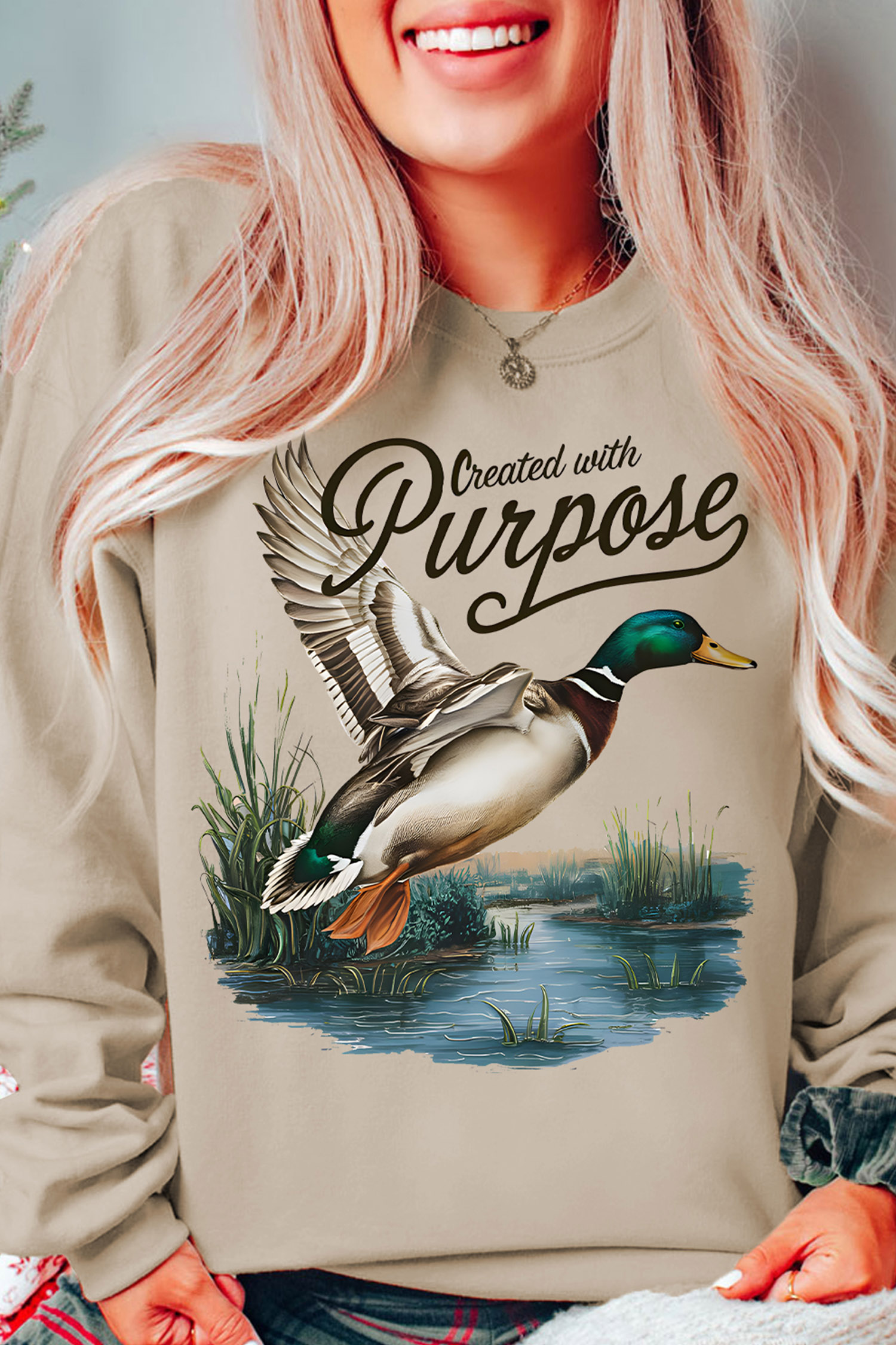Khaki Long Sleeve Sweatshirt, Women's Graphic Mallard Shirt - Detail View 3