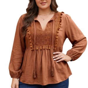Women's Chestnut Blouse, Boho Embroidered Tassel Peplum Top - Main View