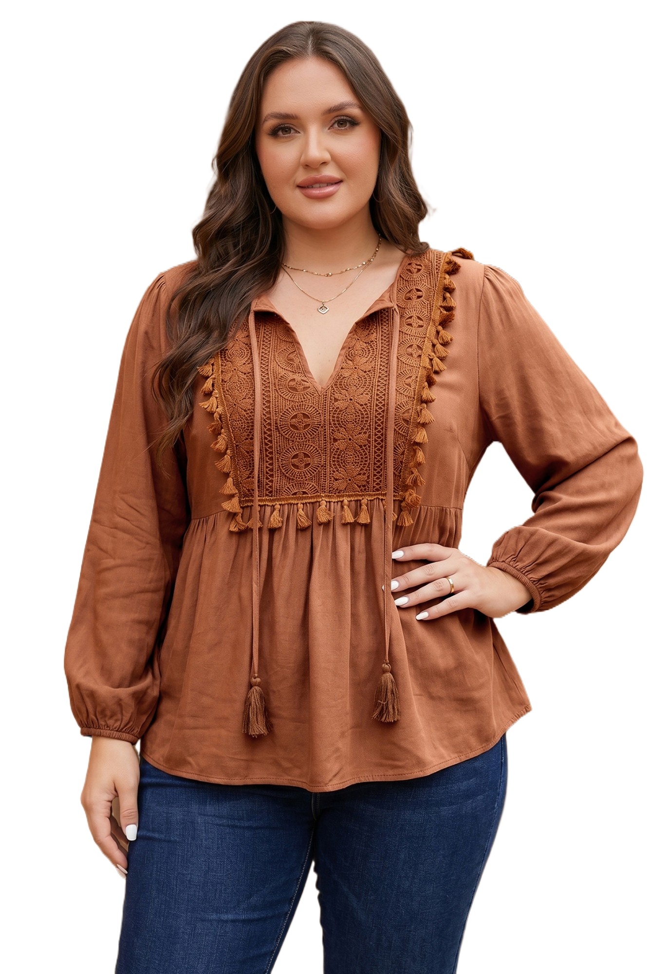 Women's Chestnut Blouse, Boho Embroidered Tassel Peplum Top - Main View