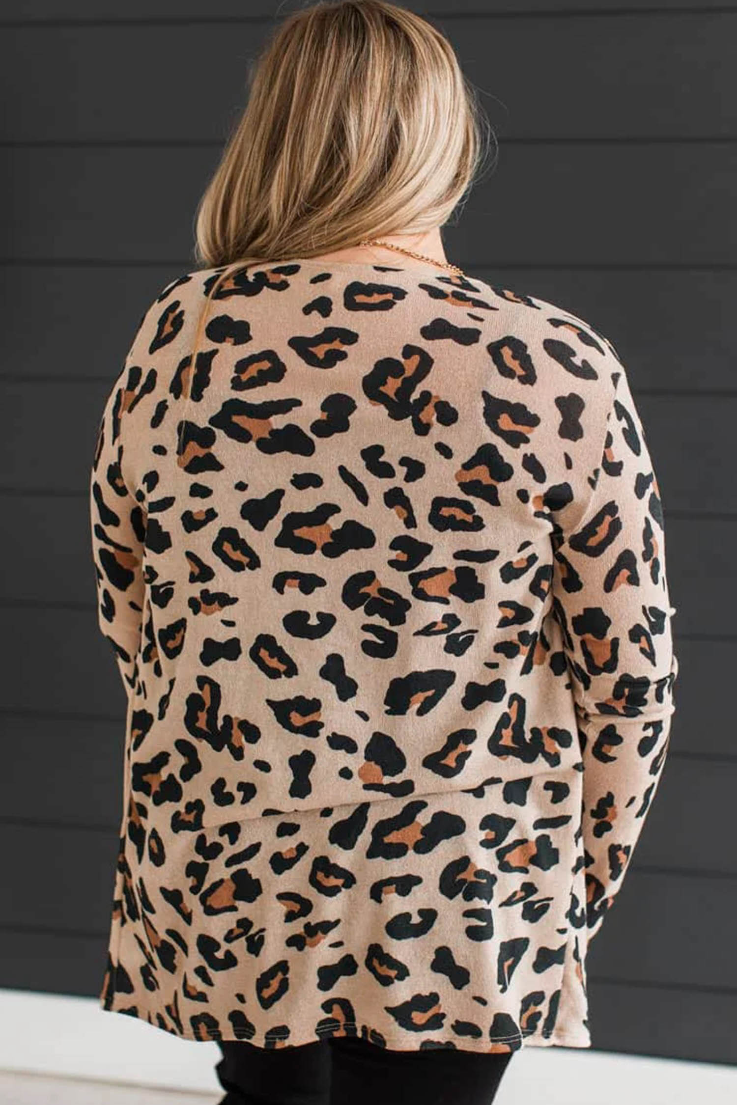 Plus Size Leopard Cardigan, Khaki V Neck Layering Piece - Detail View 5