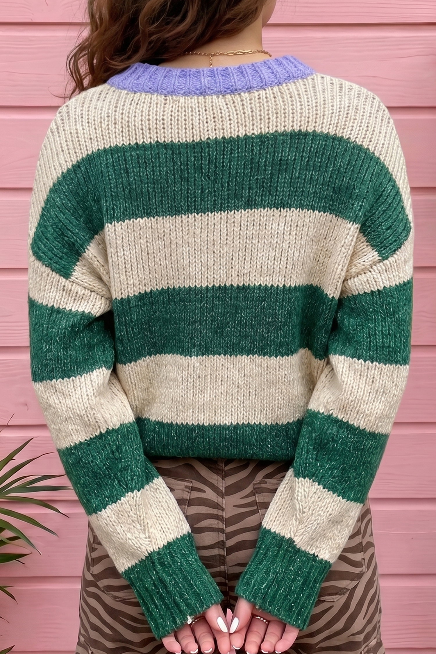 Women's Long Sleeve Sweater, Cozy Round Neck Striped Knit - Detail View 2