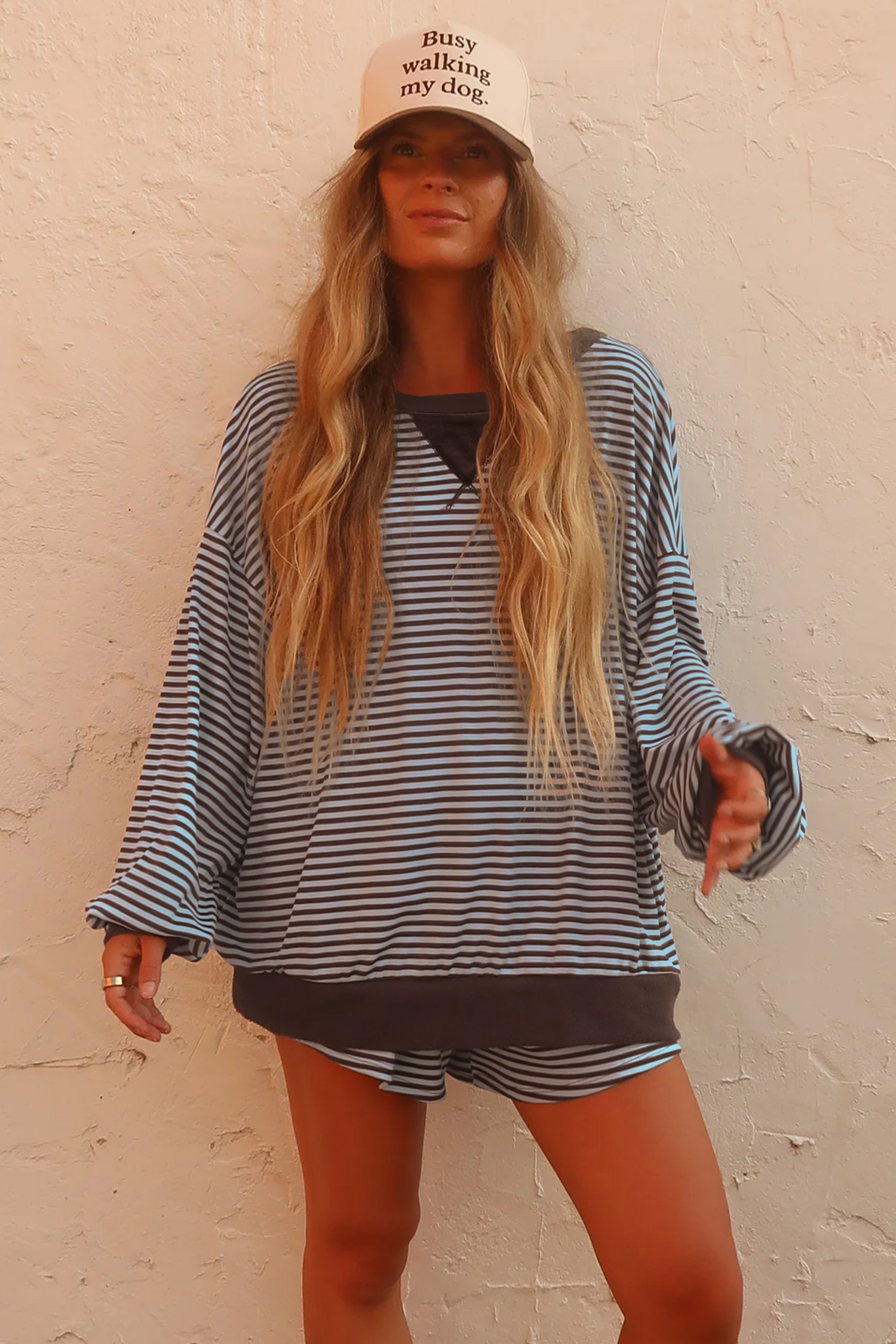 Women's Ribbed Stripe 2pc Set, Relaxed Long Sleeve Short Suit - Detail View 5
