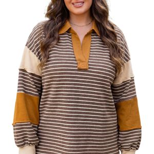 Women's Striped V Neck Top, Colorblock Long Sleeve Pullover - Main View