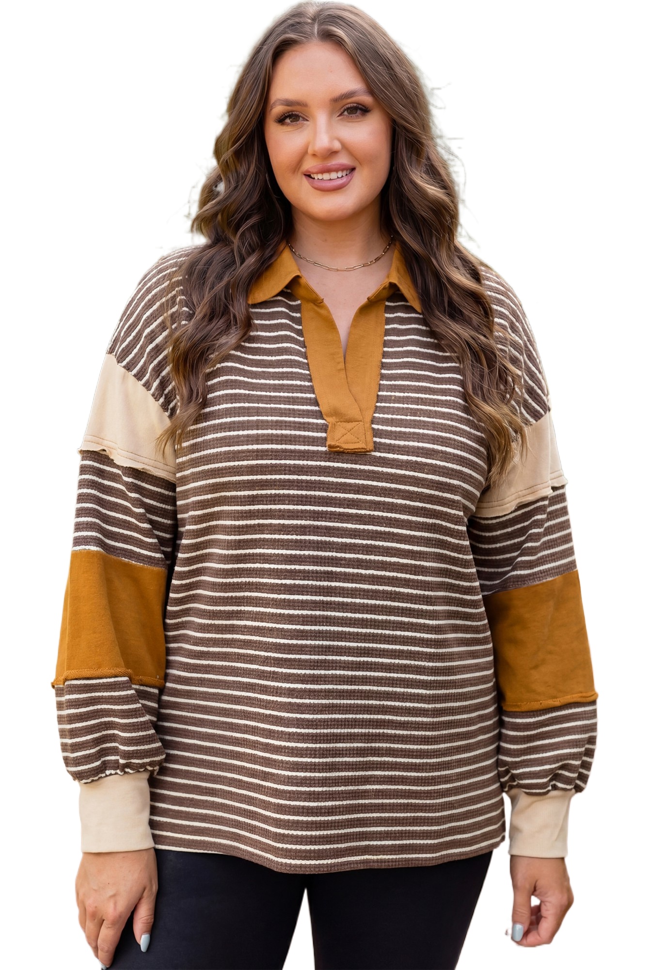 Women's Striped V Neck Top, Colorblock Long Sleeve Pullover - Main View