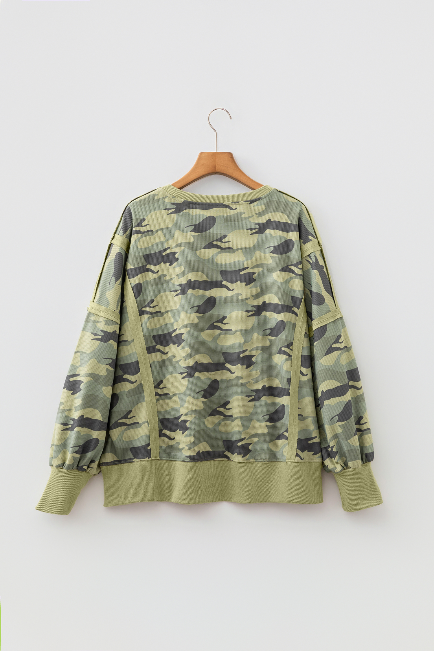 Women's Cozy Waffle Knit Top, Camo Print Long Sleeve Daily - Detail View 9