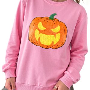 Women's Pumpkin Sweatshirt, Pink Embroidered Halloween Top - Main View