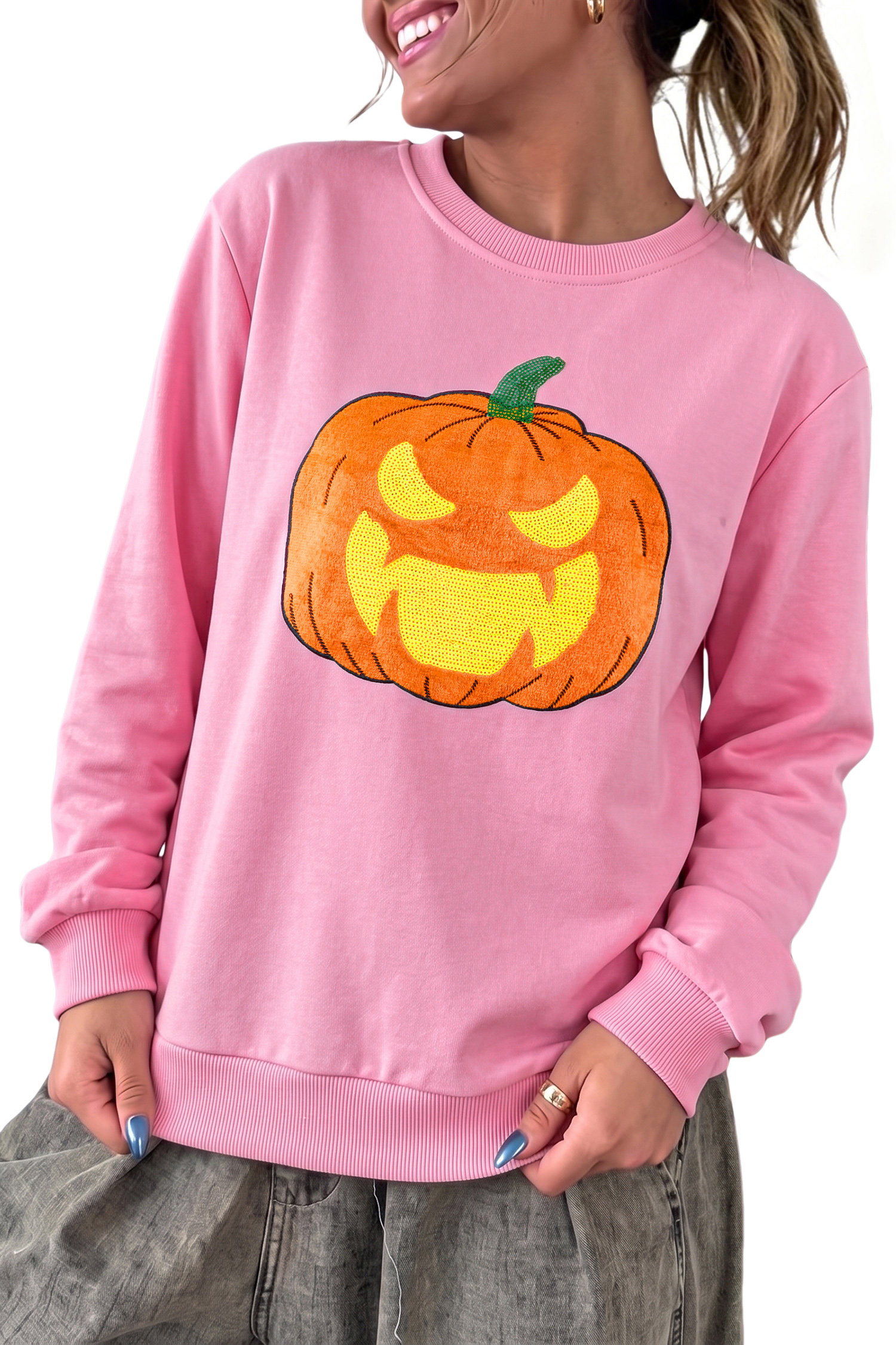 Women's Pumpkin Sweatshirt, Pink Embroidered Halloween Top - Main View