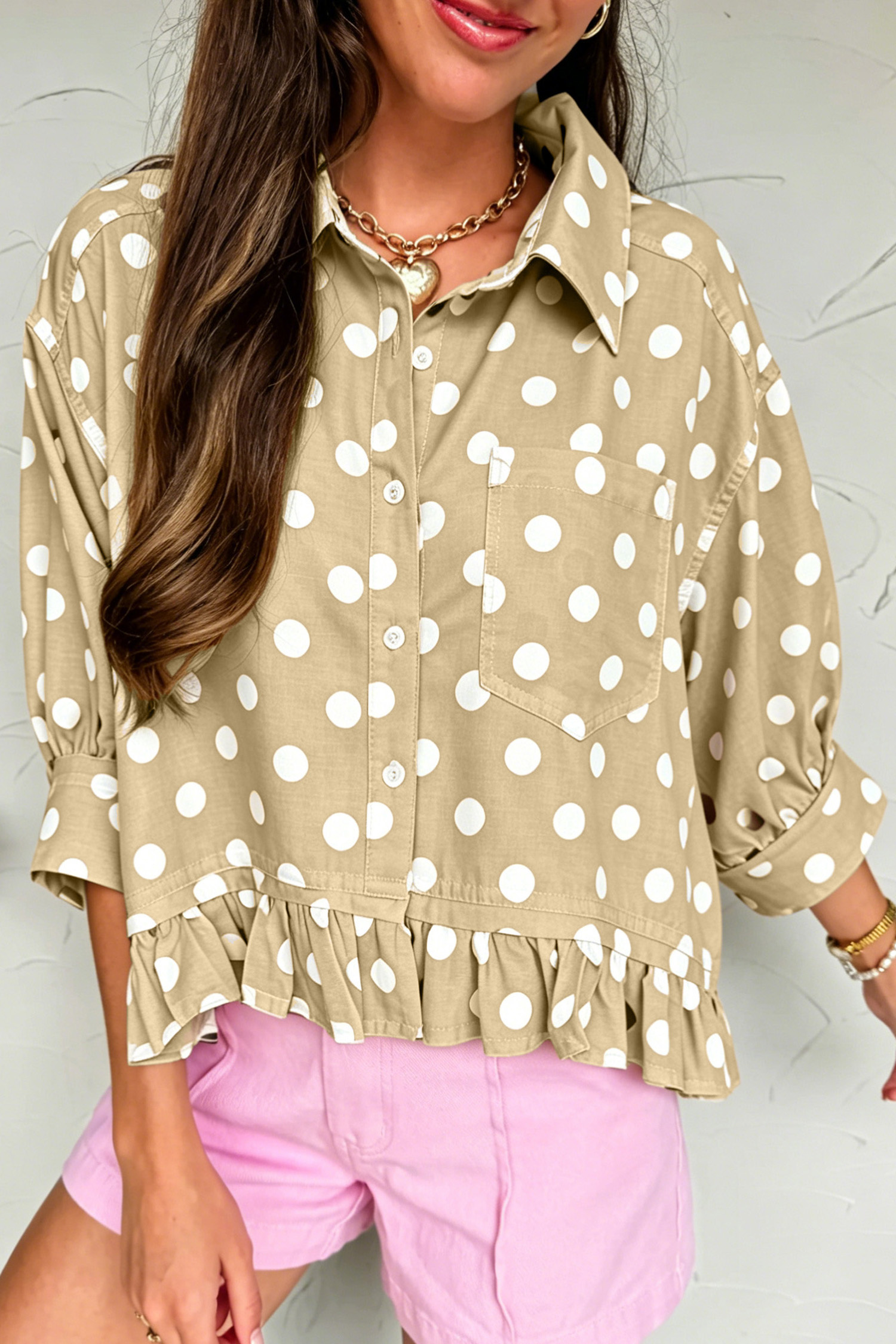 Stylish Polka Dot Blouse, Women's Ruffle Hem Casual Shirt - Detail View 2