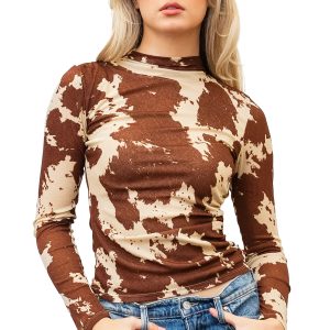 Women's Western Cow Print Top, Long Sleeve High Neck Blouse - Main View