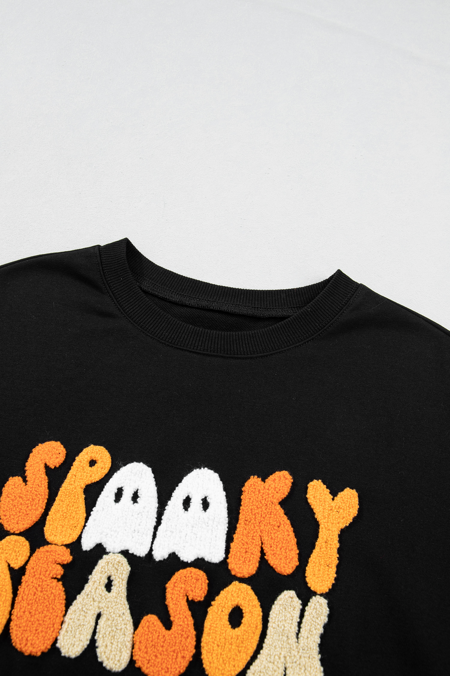 Black Halloween Graphic Sweatshirt, Embroidered Round Neck Top - Detail View 8