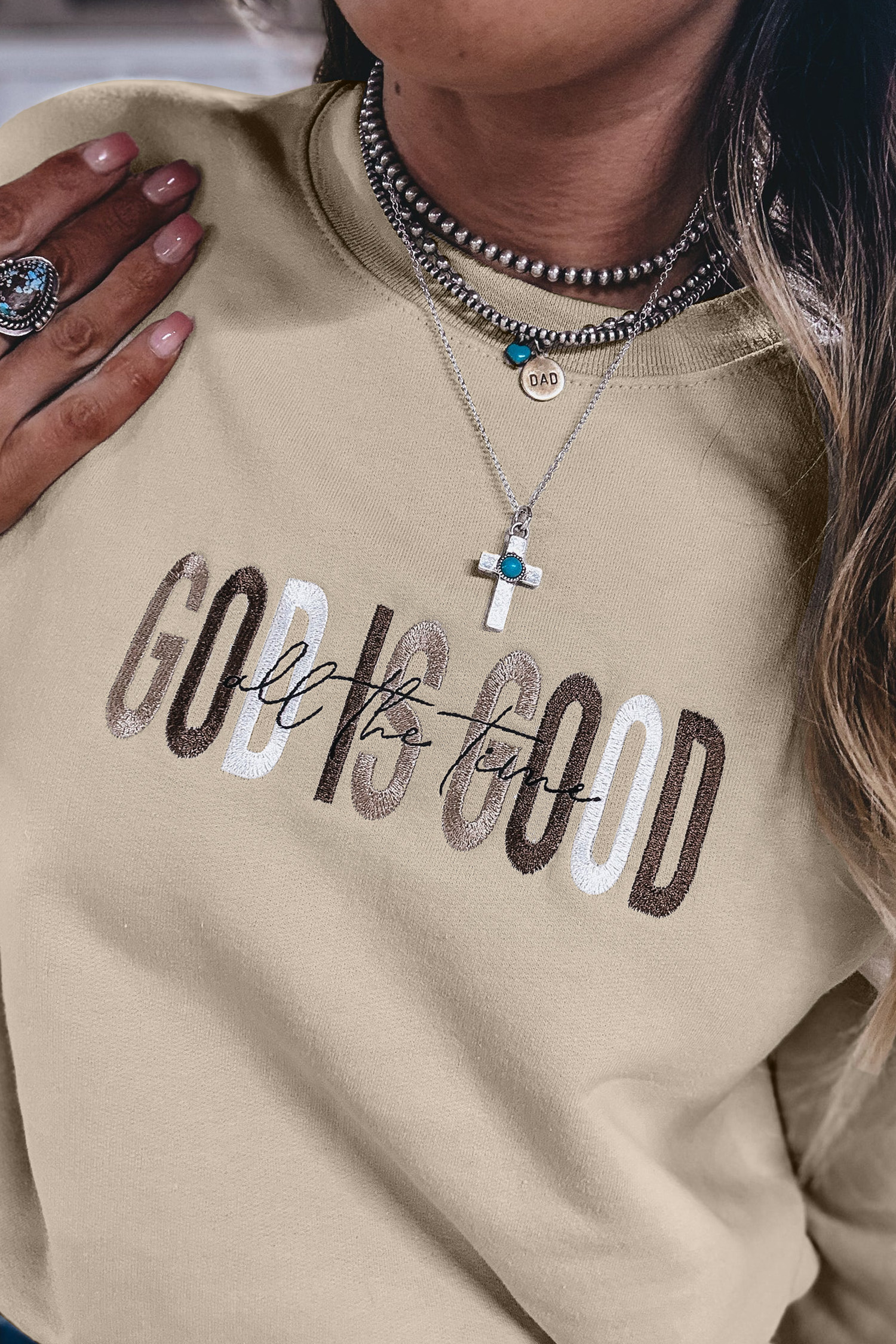 Women's Embroidered Sweatshirt, God Is Good Pullover - Detail View 5