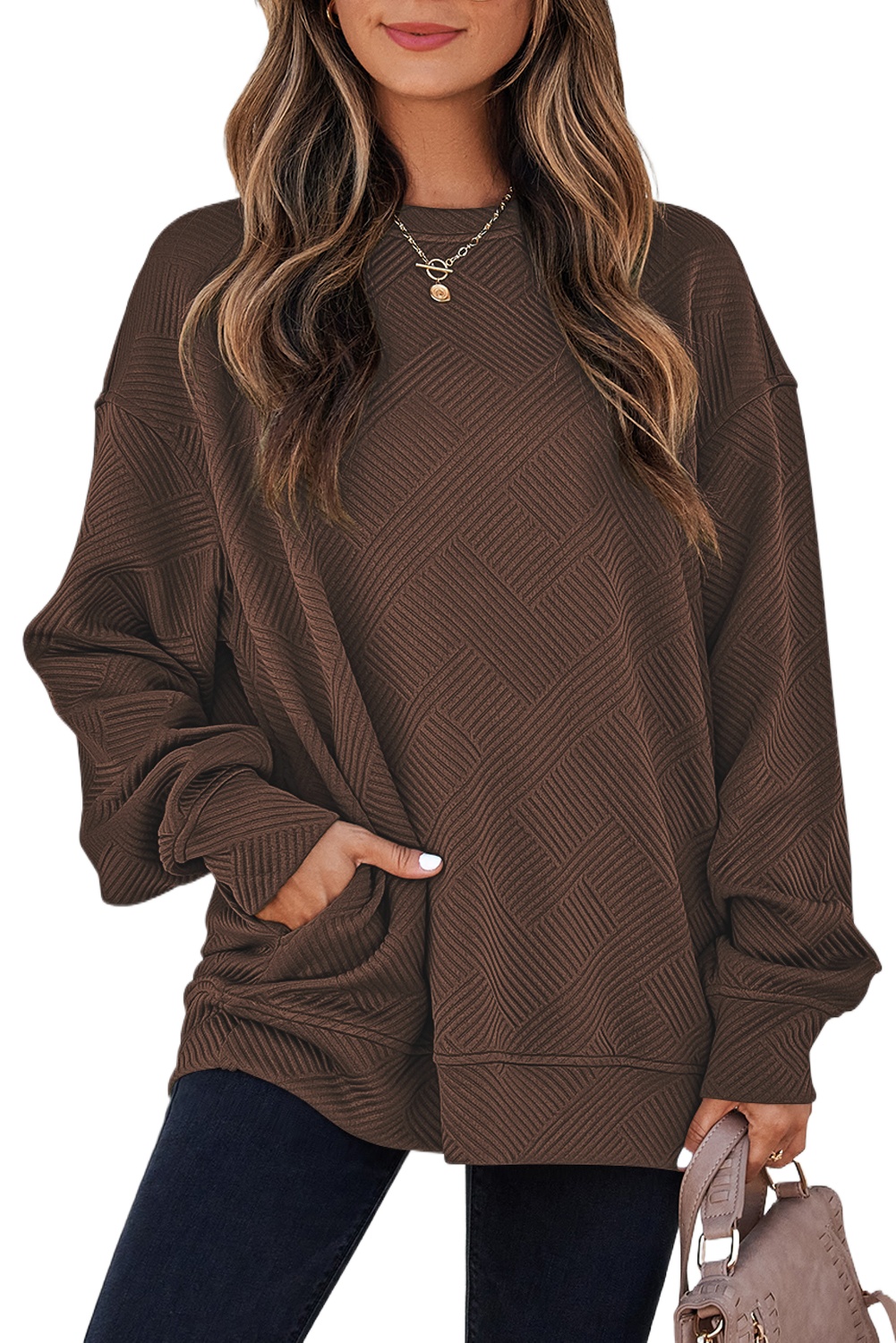 Women's Coffee Pullover, Textured Round Neck Sweatshirt - Main View