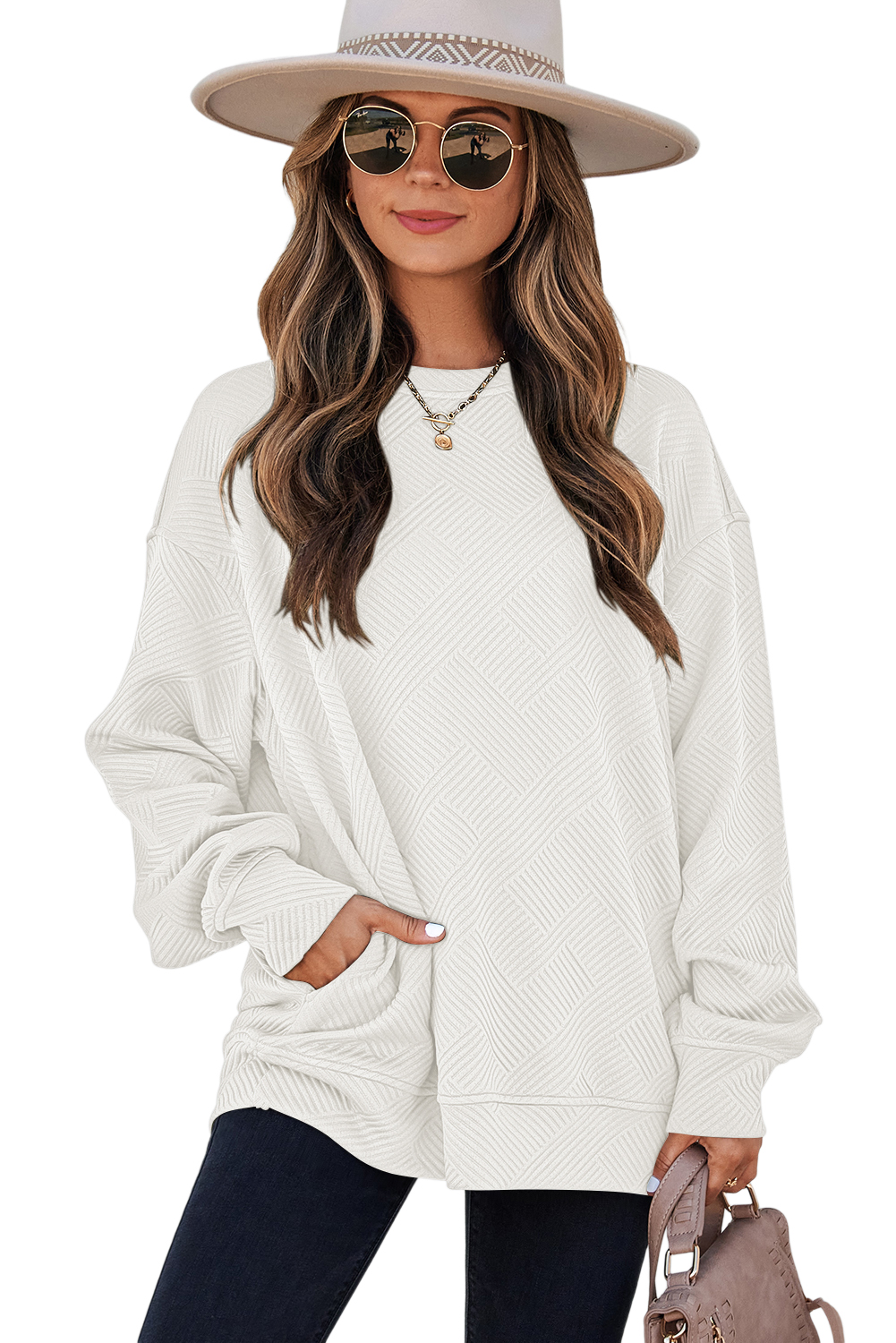 Textured Women's Sweatshirt, Casual Drop Shoulder - Main View