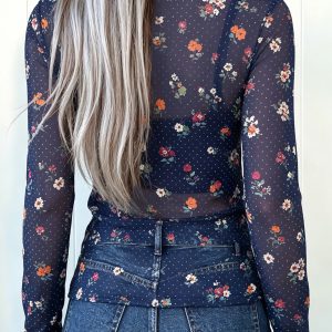 Women's Blue Floral Mesh Top, Long Sleeve High Neck Blouse - Main View