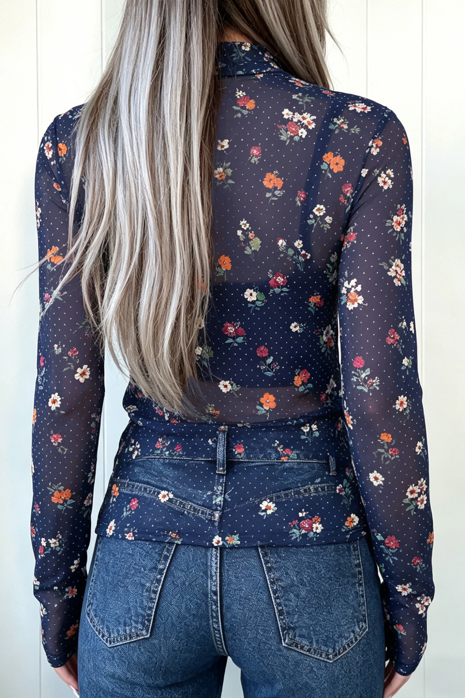 Women's Blue Floral Mesh Top, Long Sleeve High Neck Blouse - Main View