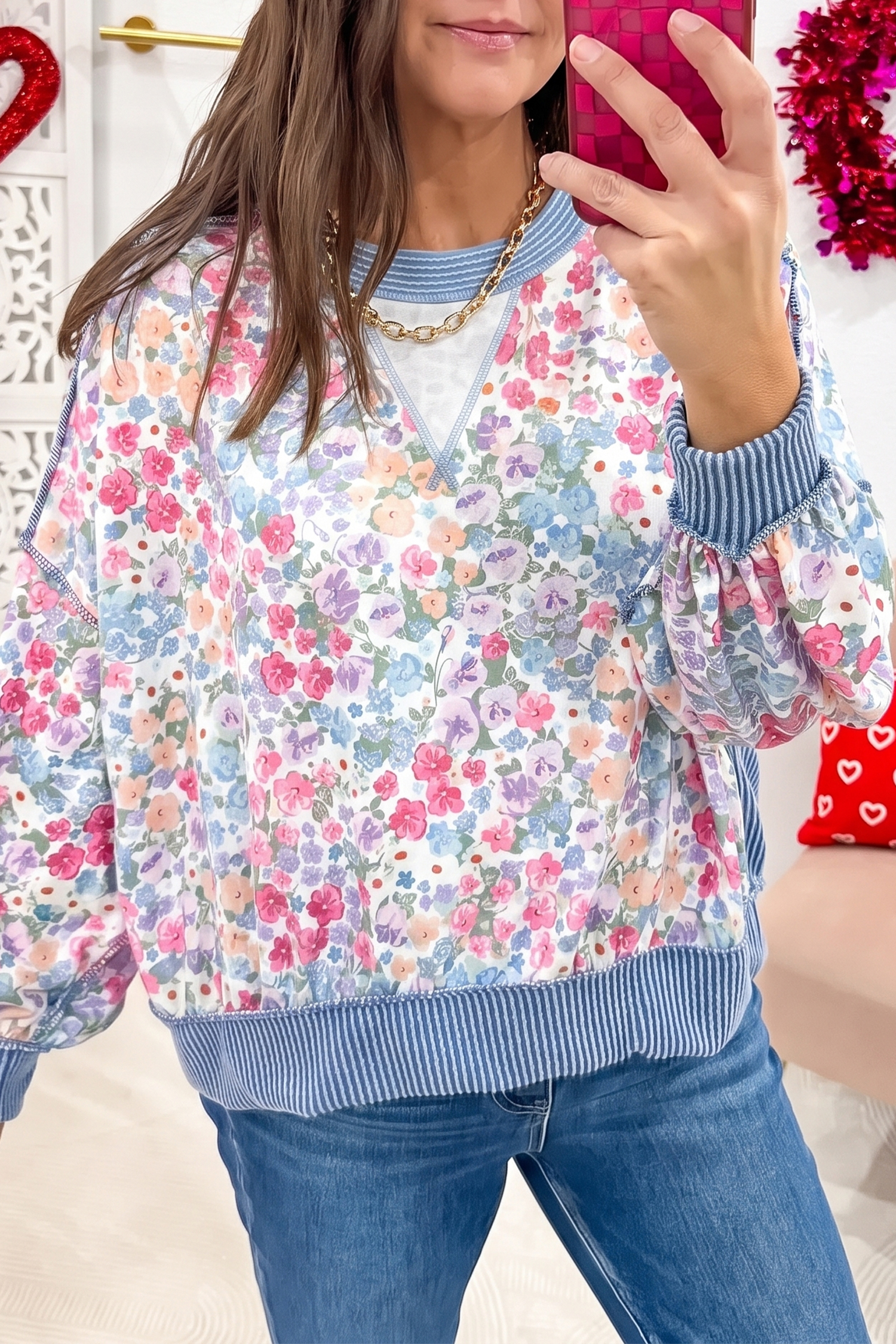 Chic Floral Print Sweatshirt, Women's Casual Round Neck Top - Detail View 5