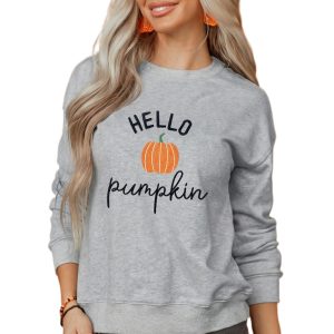 Women's Hello Pumpkin Sweatshirt, Casual Gray Fall Graphic - Main View