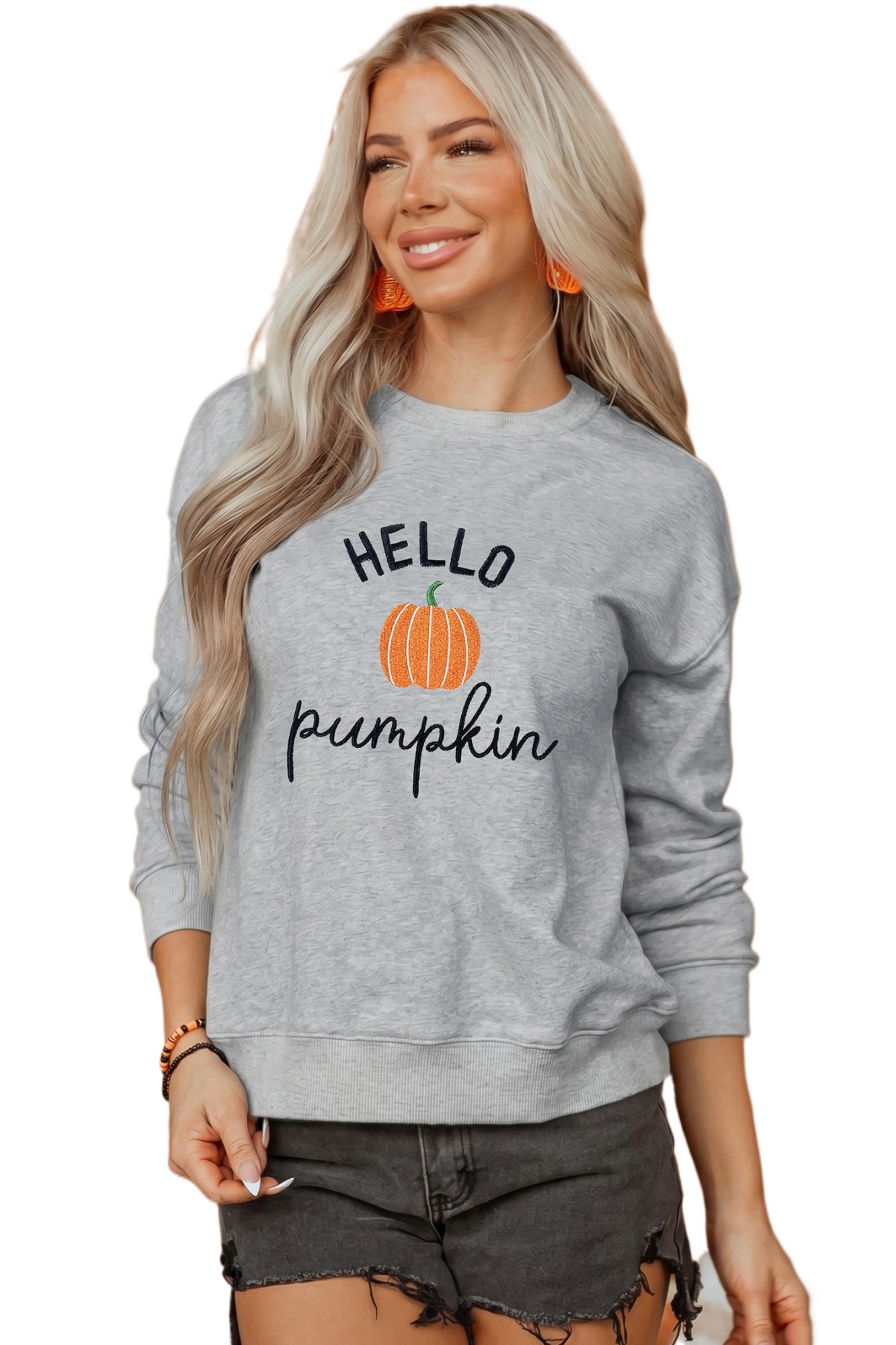 Women's Hello Pumpkin Sweatshirt, Casual Gray Fall Graphic - Main View