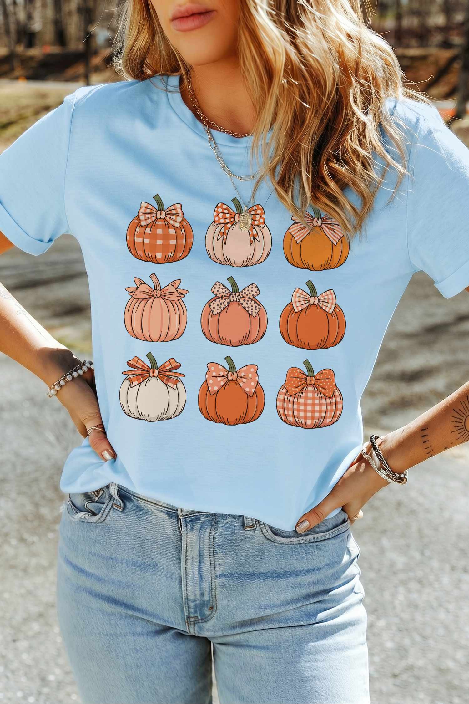 Women's Pumpkin Graphic T Shirt, Light Blue Casual Tee - Detail View 10