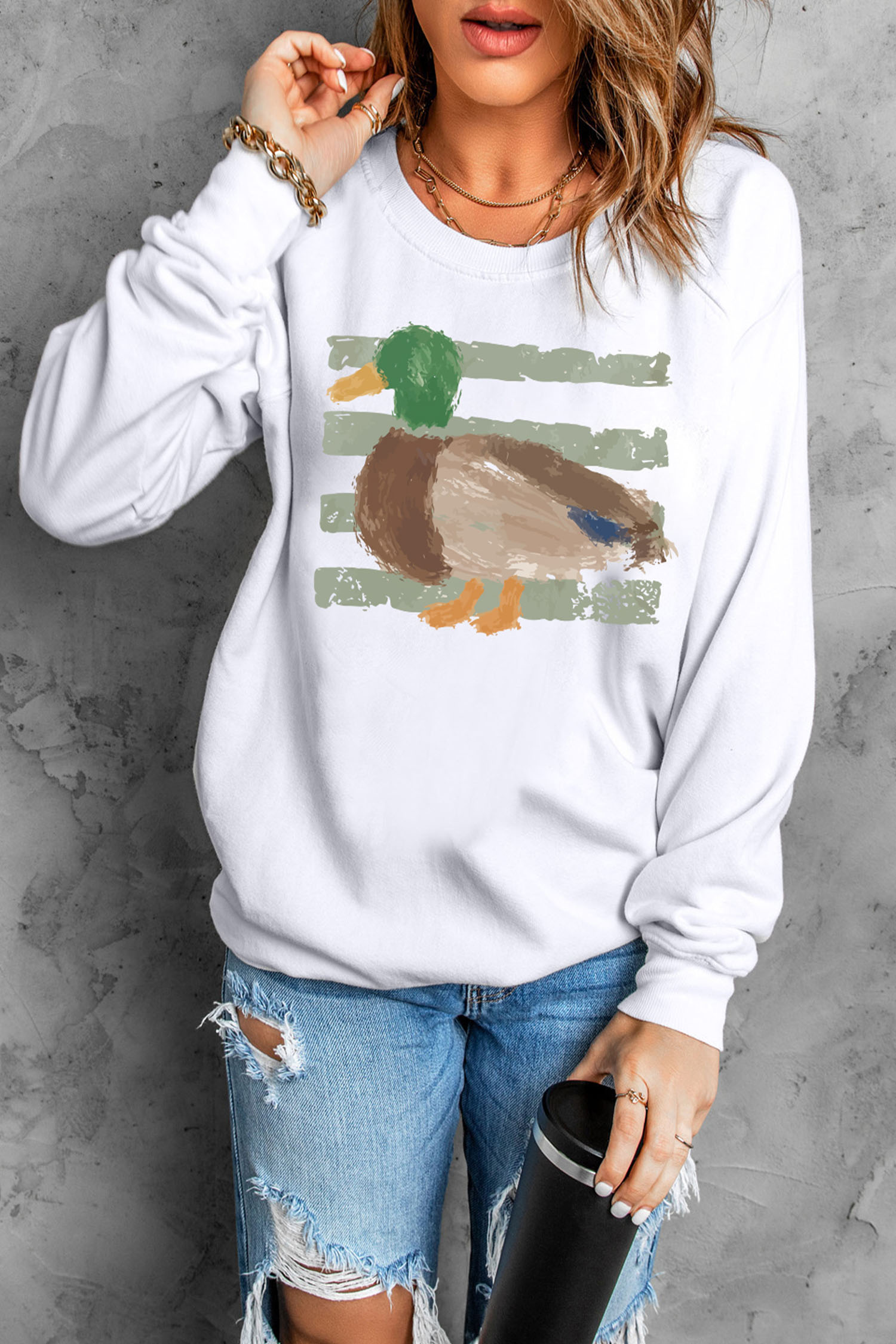 Western Duck Print Pullover, Casual Long Sleeve Crewneck - Detail View 8