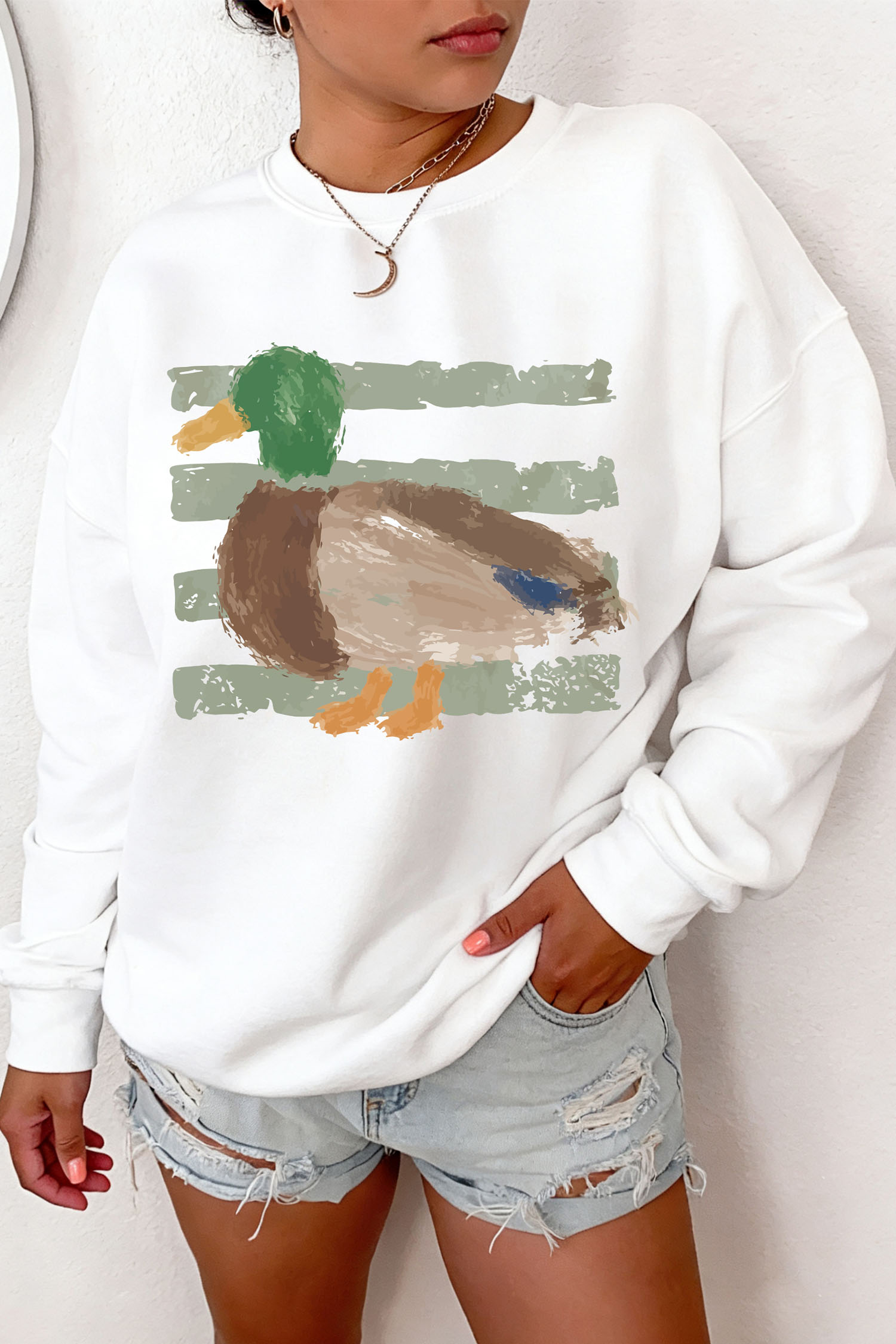 Women's Duck Graphic Sweatshirt, Western Style Crewneck - Detail View 7