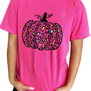 Women's Pumpkin Graphic Tee, Rose Red Leopard Print Top - Main View