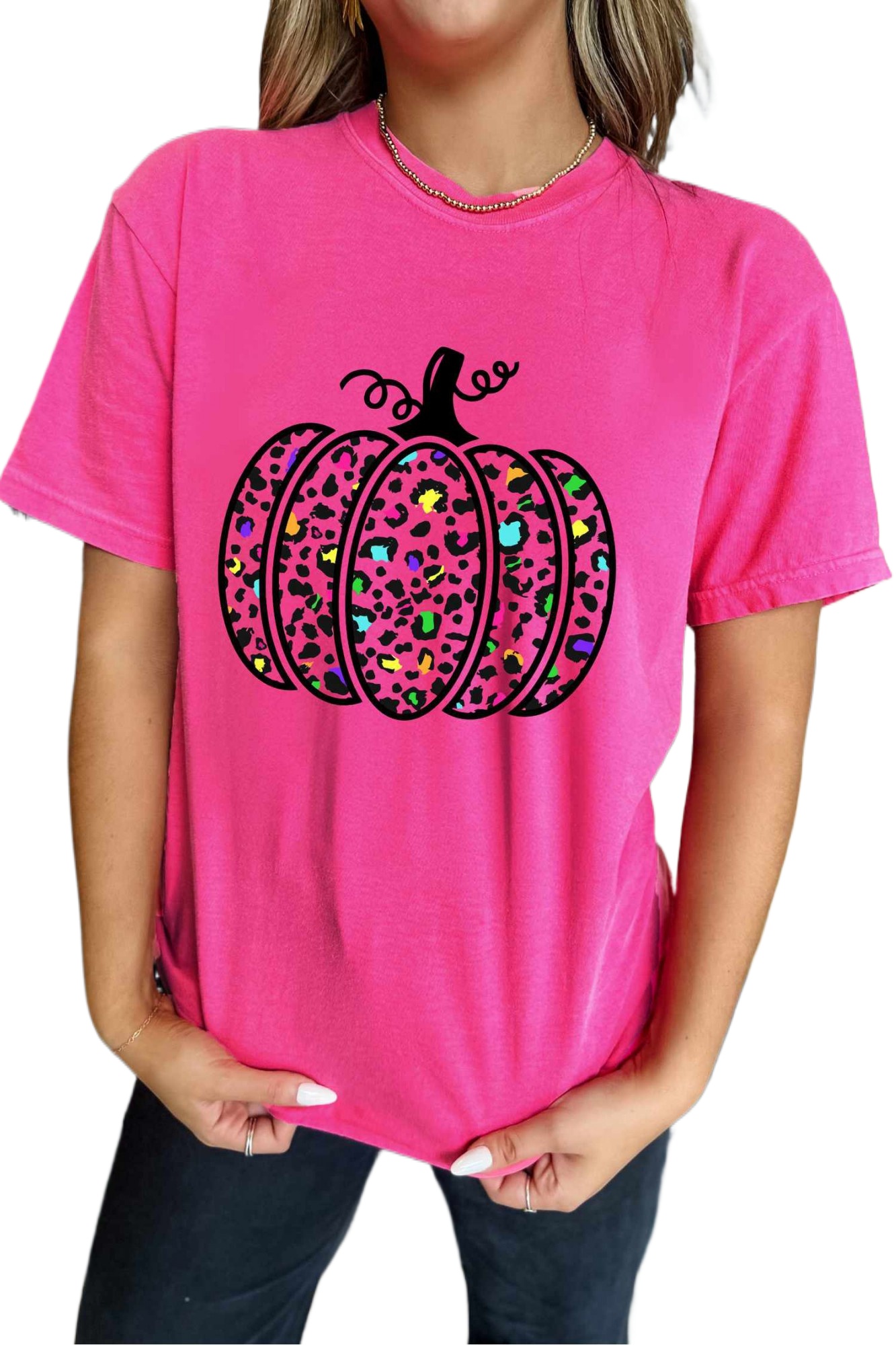 Women's Pumpkin Graphic Tee, Rose Red Leopard Print Top - Main View