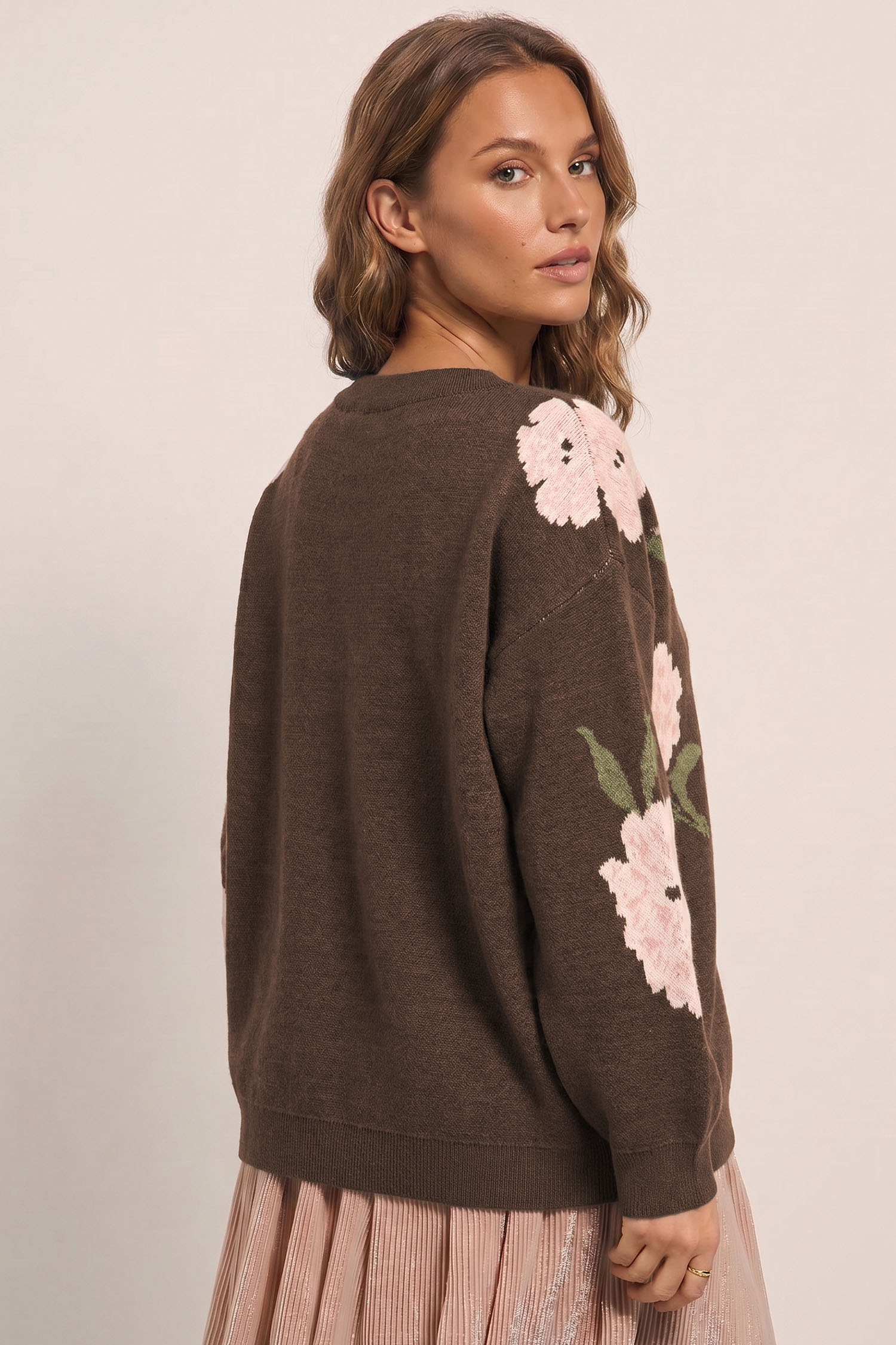 Elegant Brown Floral Sweater, Relaxed Long Sleeve Pullover - Detail View 2