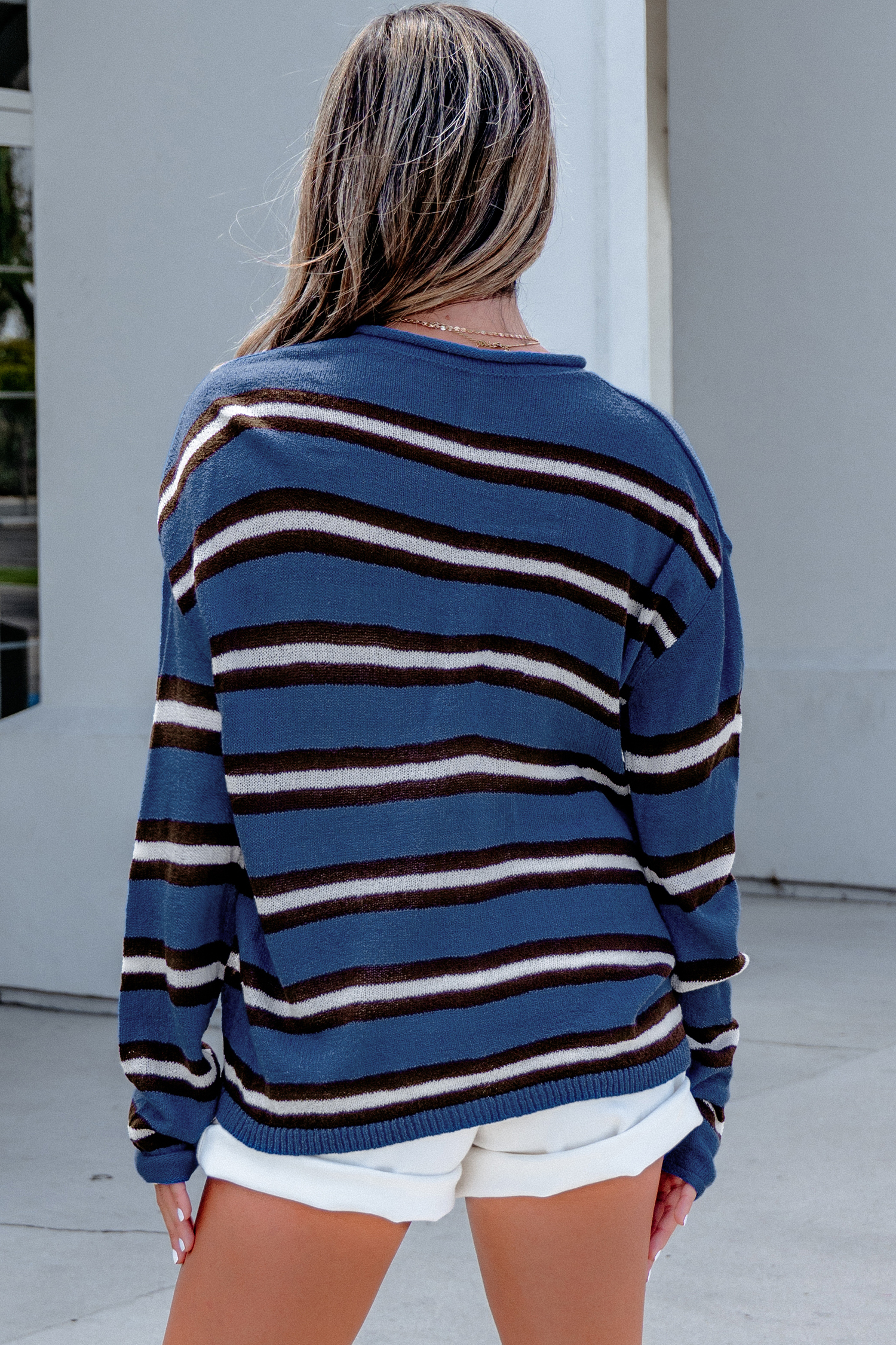 Blue Striped Button Cardigan, Relaxed Long Sleeve Knit Top - Detail View 2