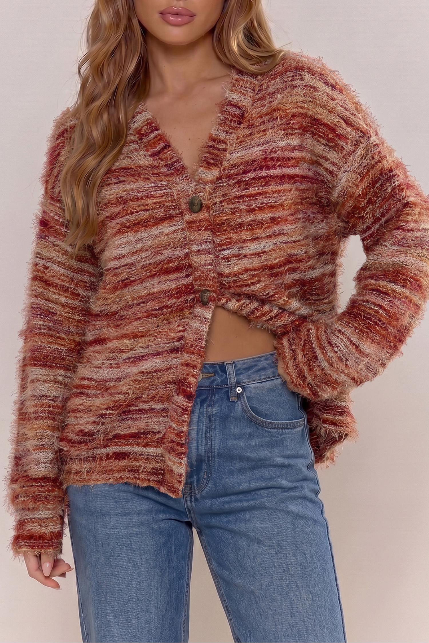 Vintage Gradient Fuzzy Cardigan, Women's Long Sleeve Top - Detail View 2
