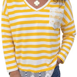 Women's Striped Lace V Neck Top, Casual Long Sleeve Shirt - Main View