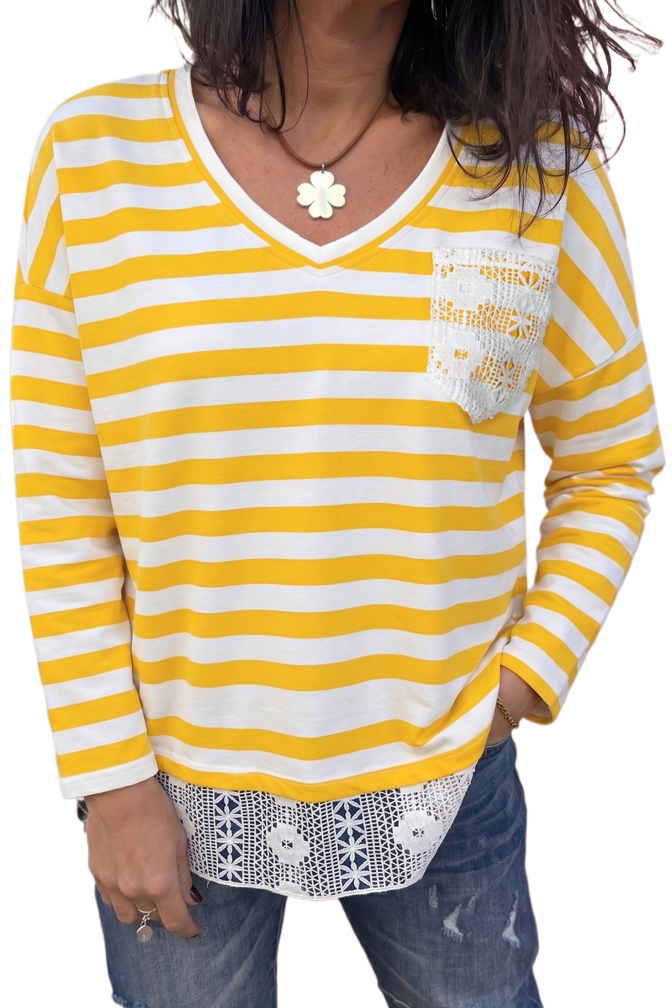 Women's Striped Lace V Neck Top, Casual Long Sleeve Shirt - Main View