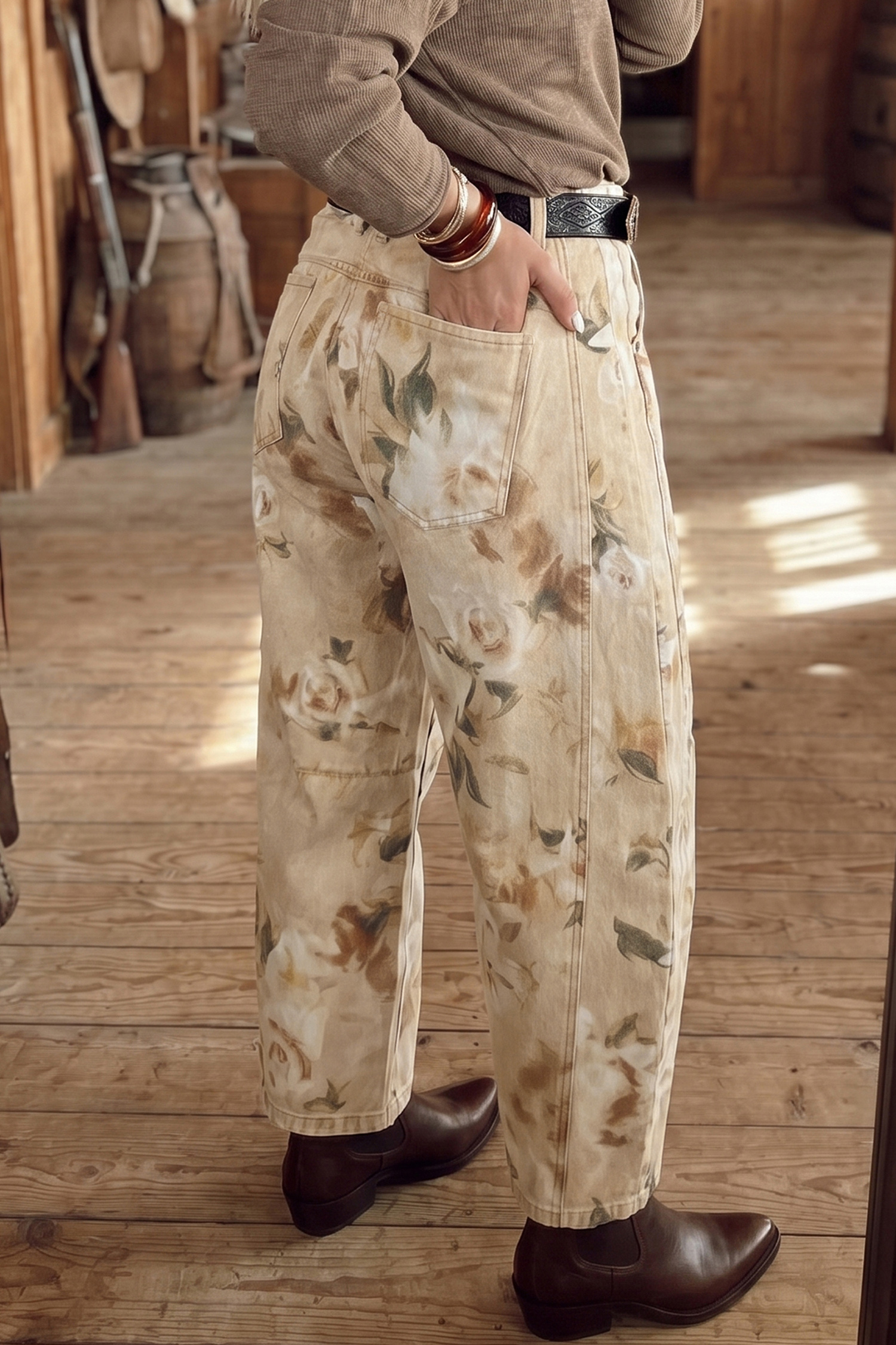 Floral Print Denim Jeans, Vintage Khaki Barrel - Detail View 2