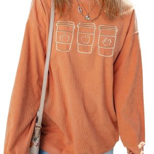 Women's Ribbed Graphic Sweatshirt, Casual Fall Pullover - Main View