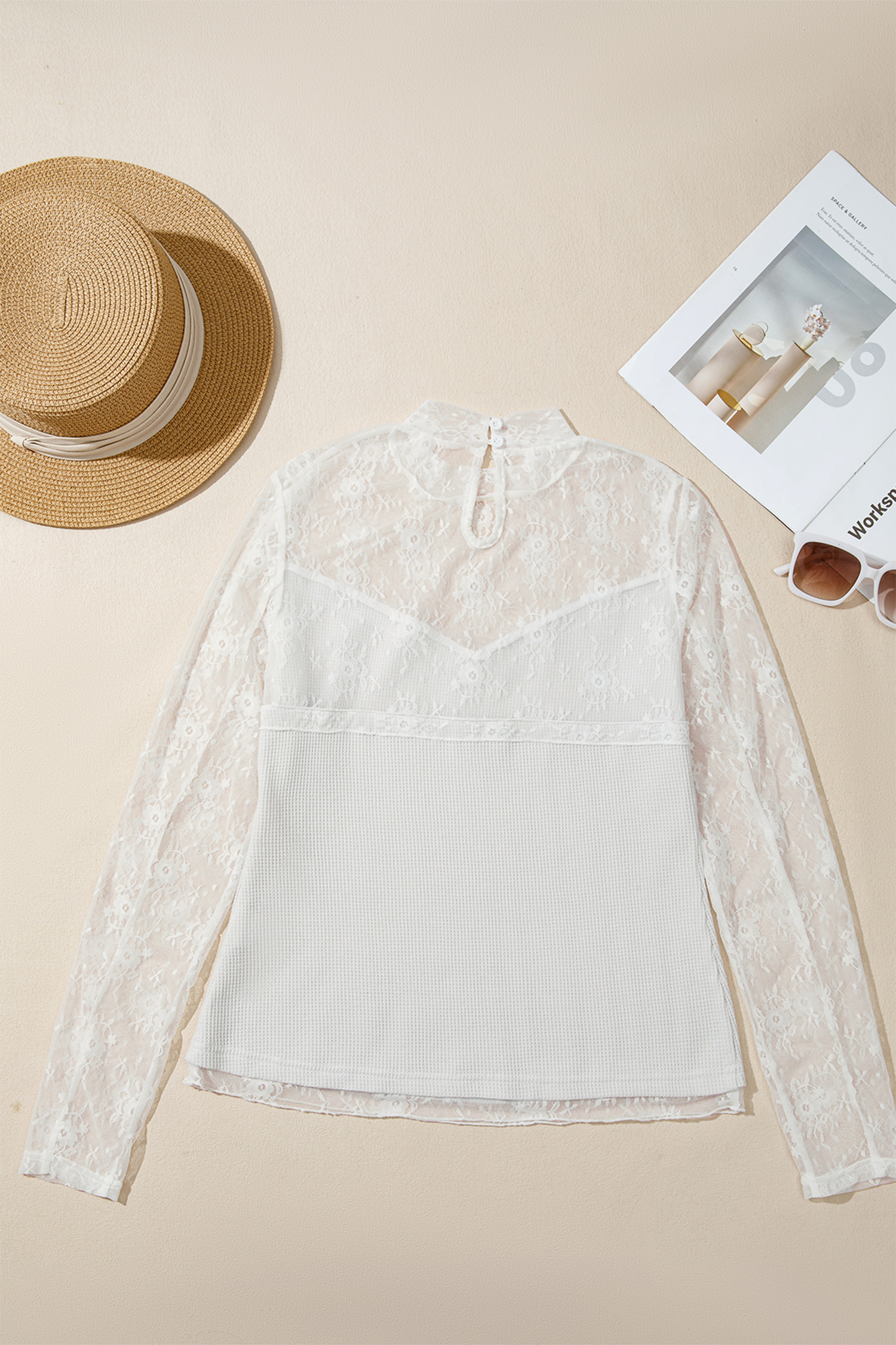 Waffle Knit Lace Long Sleeve, Feminine Sheer Night Out Top - Detail View 5