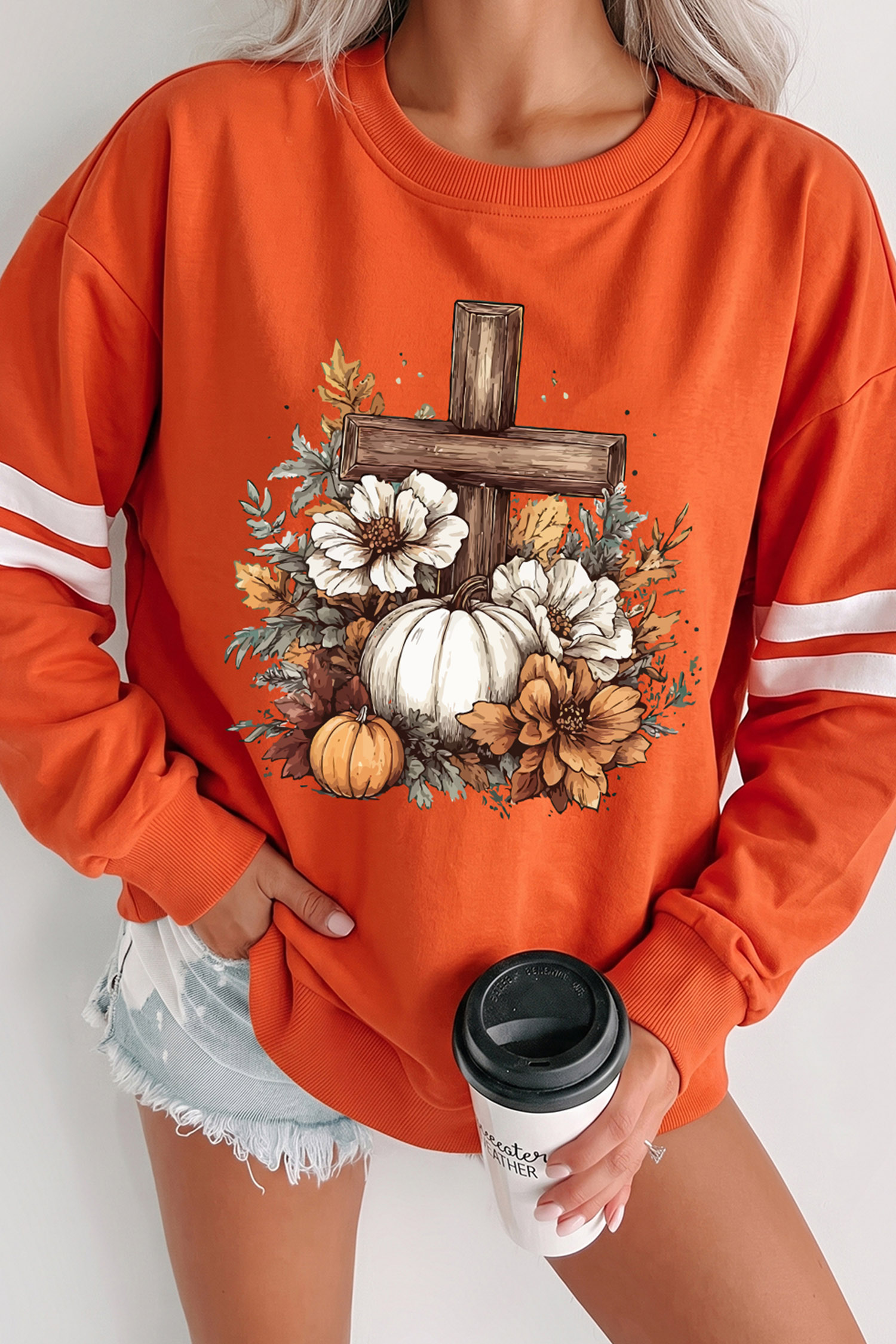 Graphic Autumn Pumpkin Long Sleeve, Women's Seasonal Crewneck - Detail View 5