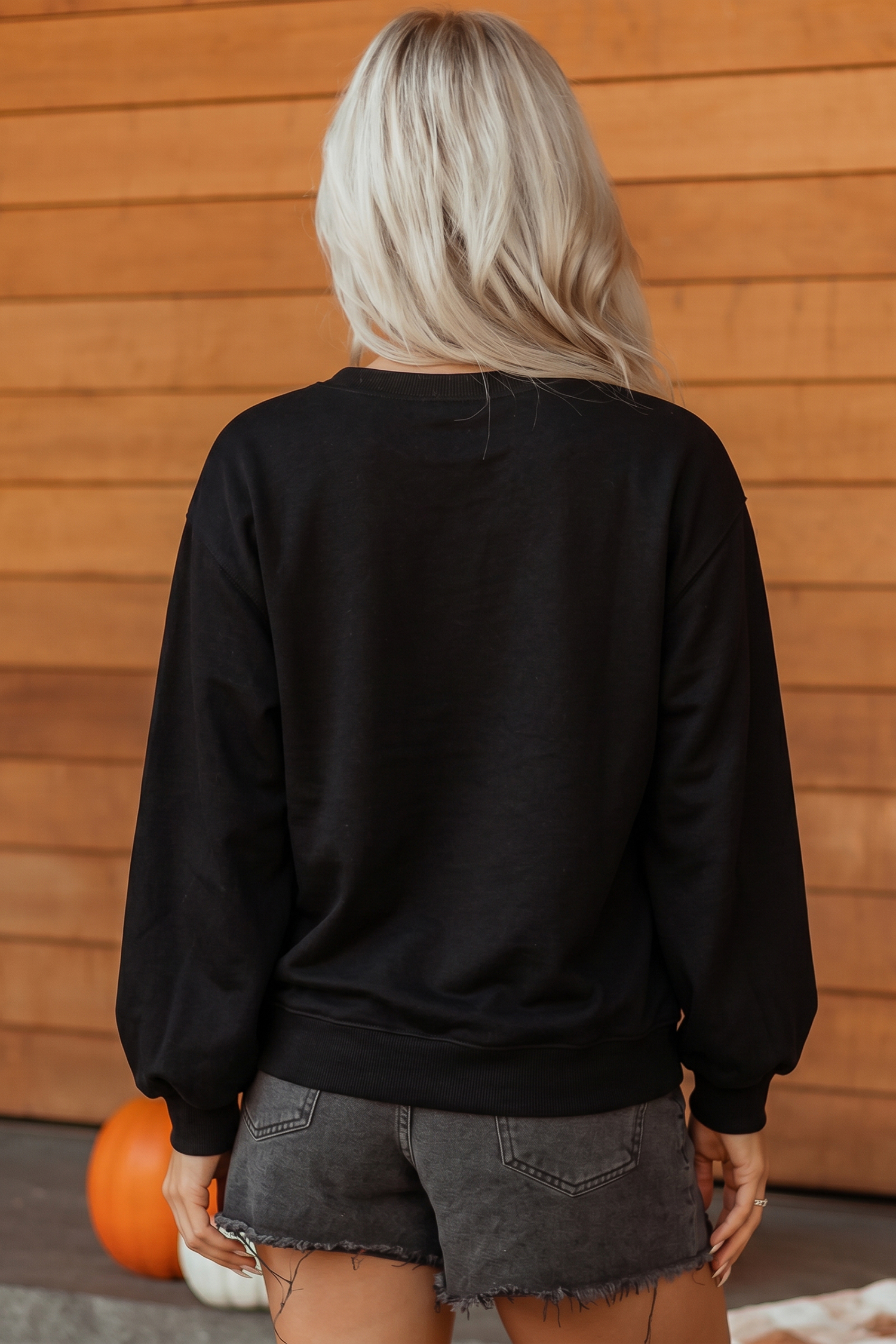 Black Halloween Graphic Sweatshirt, Embroidered Round Neck Top - Detail View 2