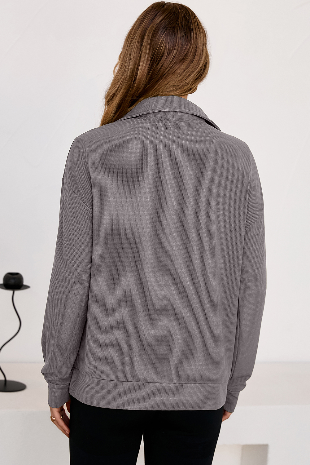 Trendy Drop Shoulder Sweatshirt, Daily Gray Waffle Collar Top - Detail View 21