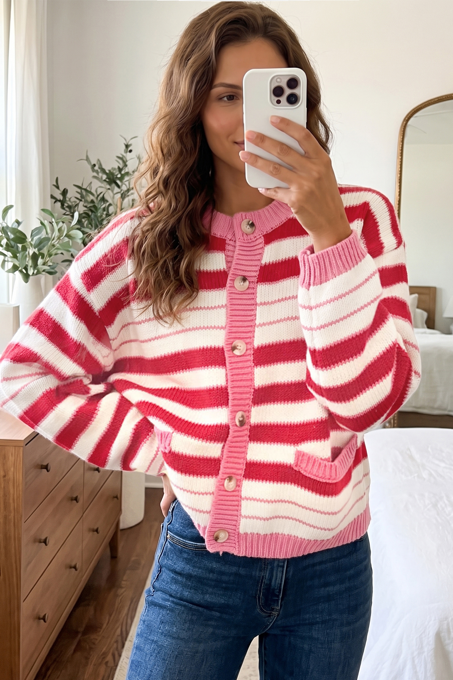 Soft Knit Striped Cardigan, Long Sleeve Button Up Sweater - Detail View 2