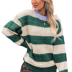 Women's Striped Pullover, Casual Green Colorblock Knit Top - Main View