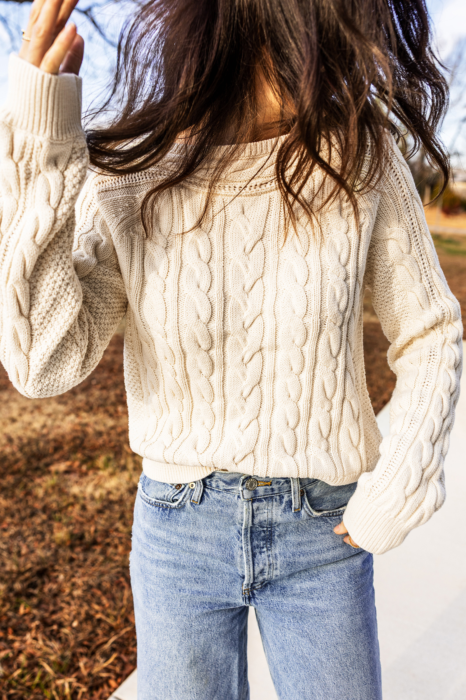 Women's Beige Cable Knit Sweater, Vintage Long Sleeve Top - Detail View 10