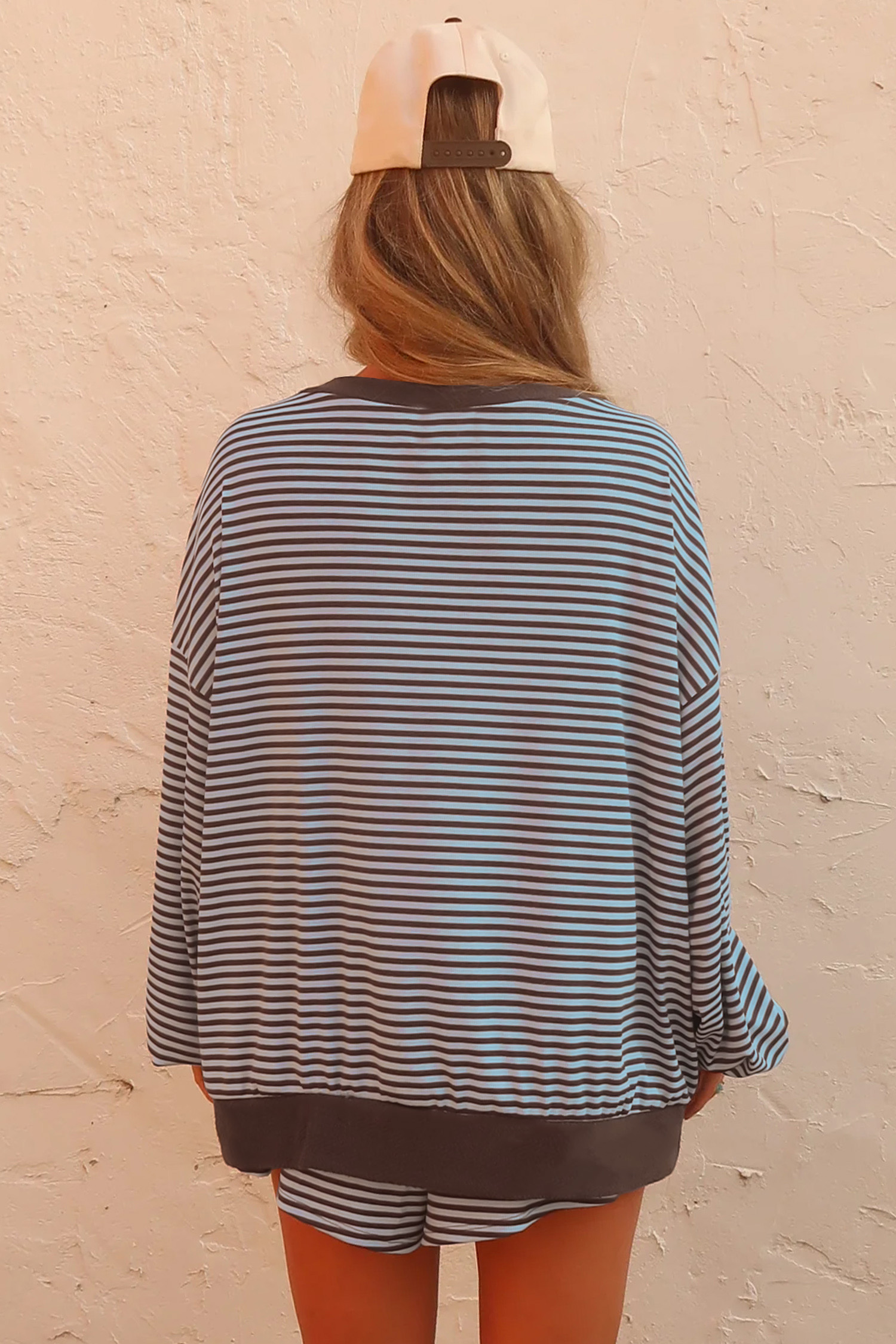 Women's Ribbed Stripe 2pc Set, Relaxed Long Sleeve Short Suit - Detail View 2